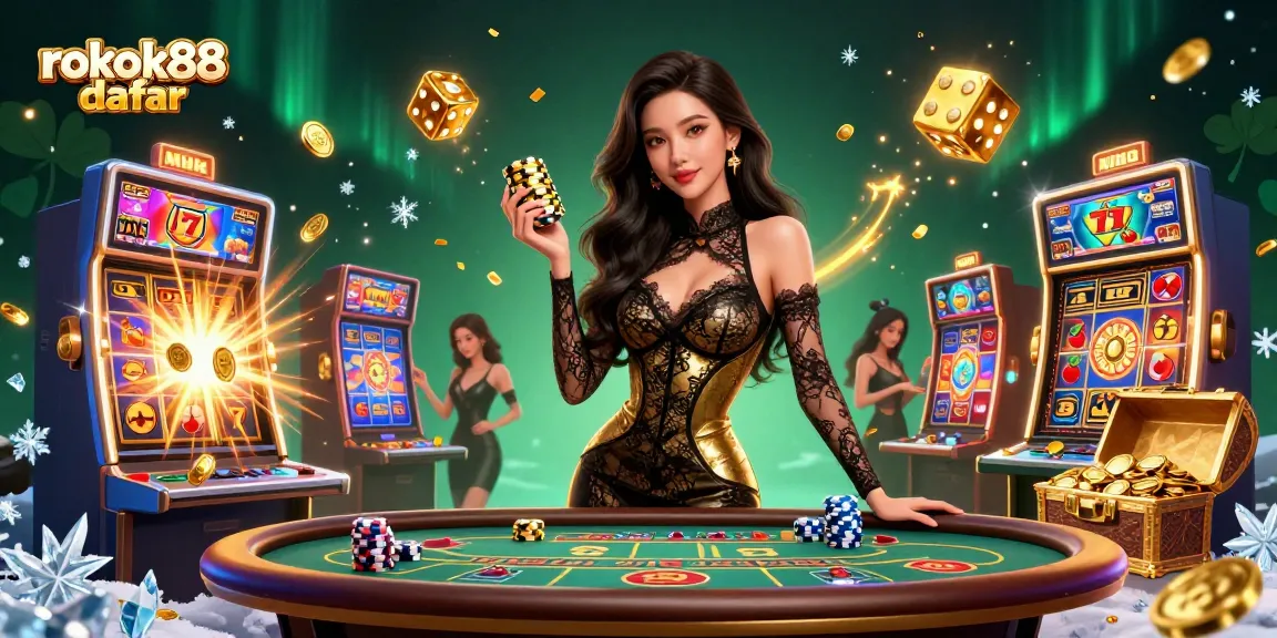 Win big with rokok88 daftar at this luxurious virtual casino scene featuring glamorous players and slot machines.