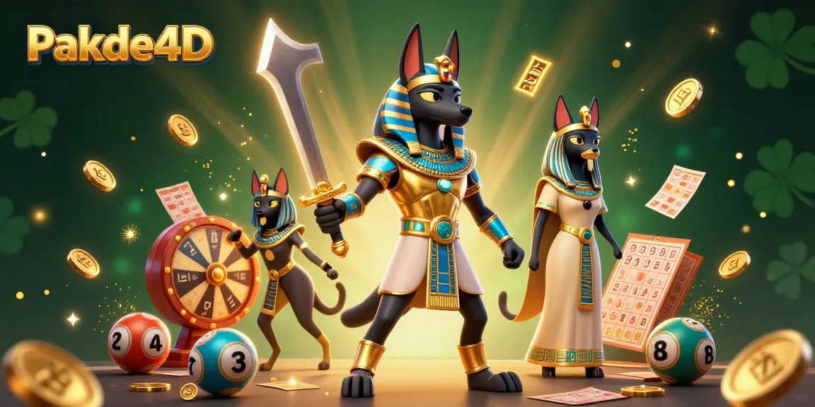 Pakde4D showcases a dynamic lottery scene featuring Anubis and Bastet amidst vibrant gambling elements.