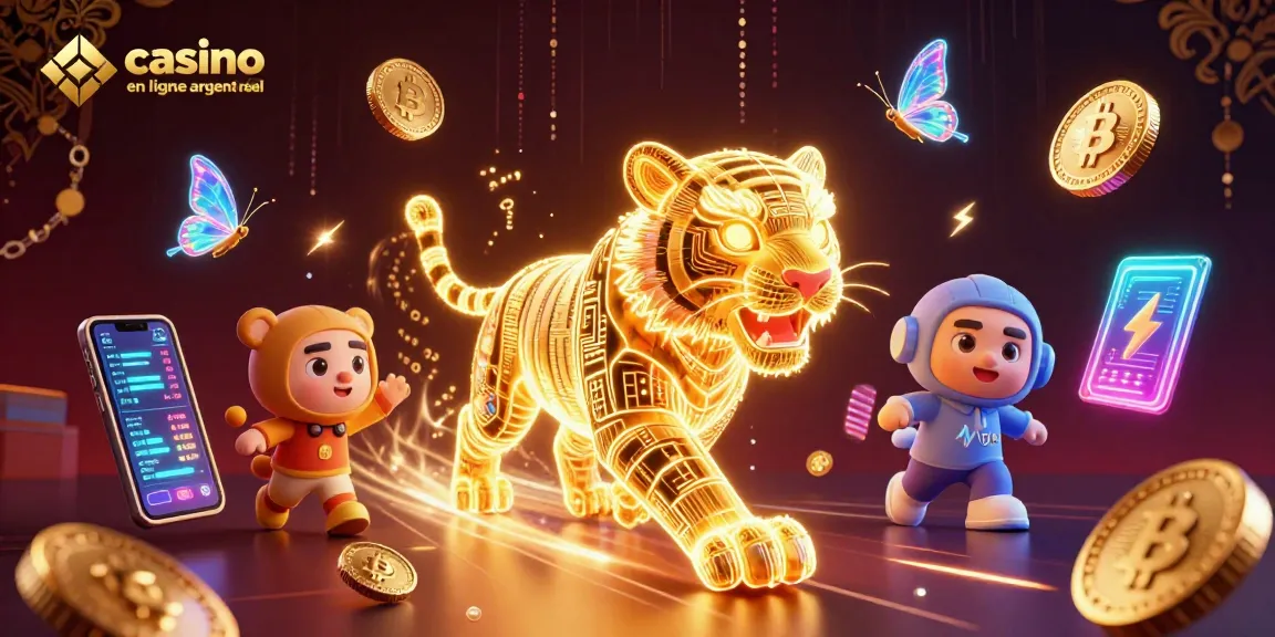 Jeux captivants de casino en ligne argent réel avec un tigre d'énergie lumineuse dans un paysage numérique.