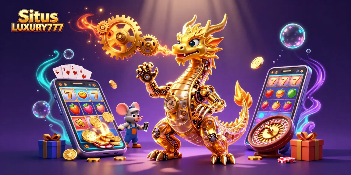 Situs LUXURY777 menyajikan ilustrasi 3D yang menarik dengan naga mekanis dan elemen slot game online yang kaya.