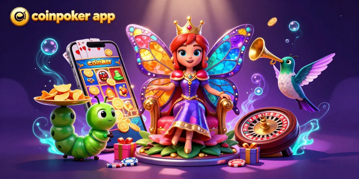 Jouez avec l'application CoinPoker : illustration dynamique d'une reine papillon et jeux de casino.