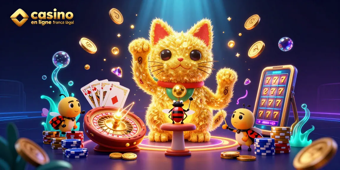 Illustration captivante avec un chat porte-bonheur en forme de lucioles représentant le casino en ligne France légal.