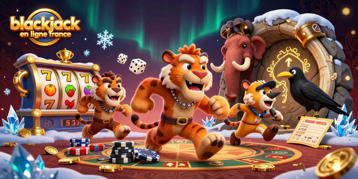 Jouez au blackjack en ligne en France avec des personnages cartoon dans une scène de casino préhistorique, pleine d'énergie.