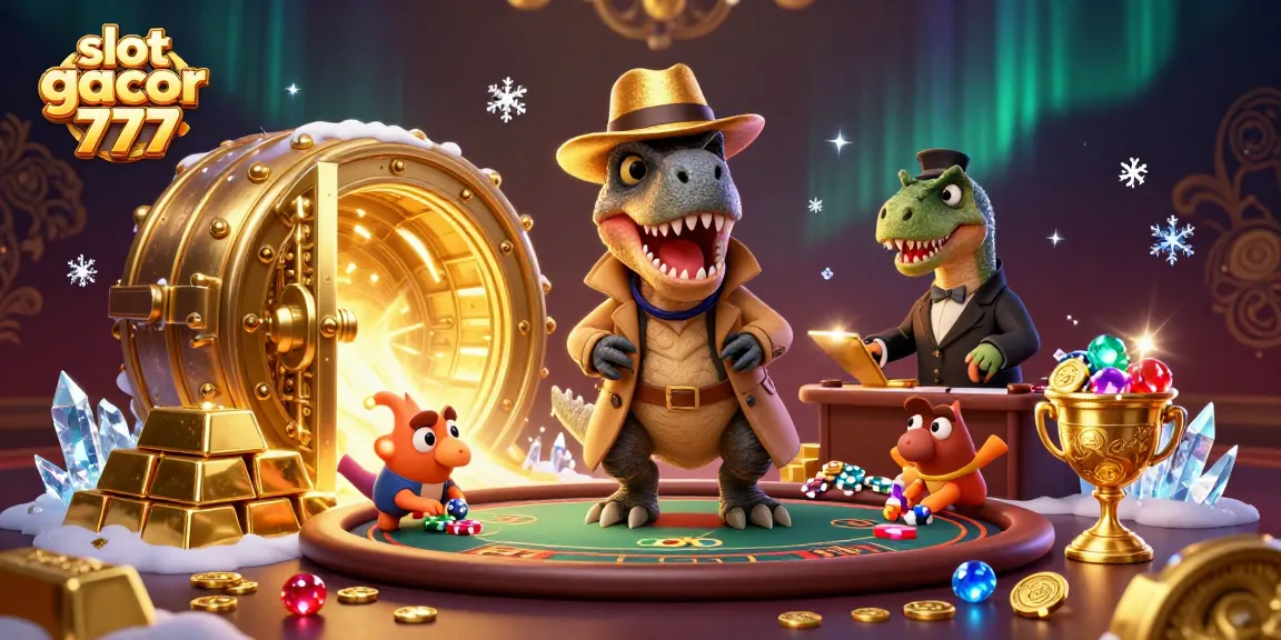 Slot gacor 777 menampilkan velociraptor kartu di meja blackjack dengan efek cahaya dan koin emas.