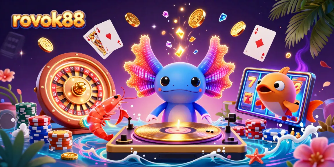 Experience the thrill of gaming with rokok88 in a vibrant 3D casino scene featuring unique characters and dynamic elements.