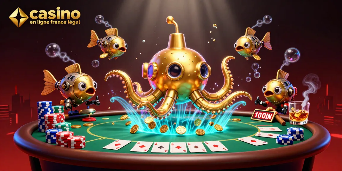 Illustration dynamique représentant un kraken et des poissons mécaniques, évoquant l'univers du casino en ligne légal en France