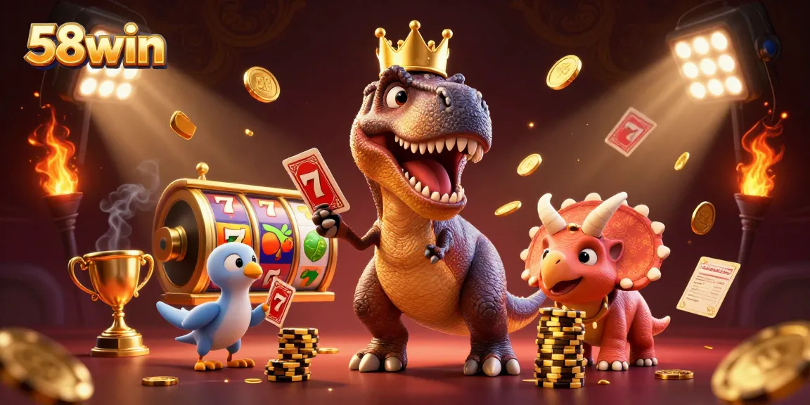 Engage in thrilling casino action with 58win as dinosaurs shuffle cards and stack chips in a vibrant 3D illustration.