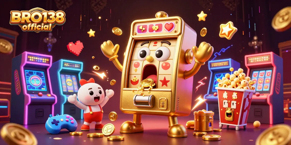 Engage with the excitement at BRO138 official as a golden slot machine celebrates its jackpot amidst cheers and gaming symbols.