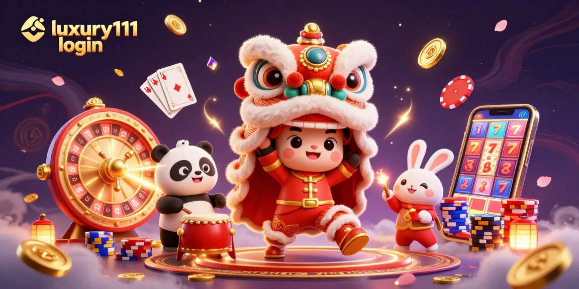 Experience the luxury111 login with a dynamic celebration, featuring vibrant characters and casino elements.