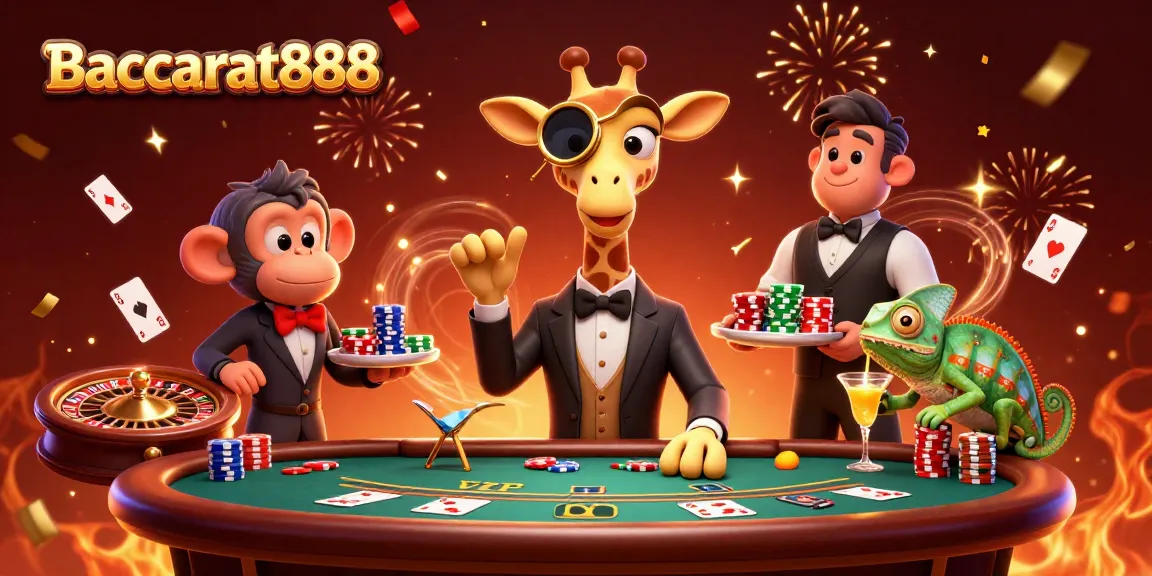 Baccarat888: Experience high-stakes gaming with a vibrant illustration of a giraffe, monkey, and chameleon at the casino.