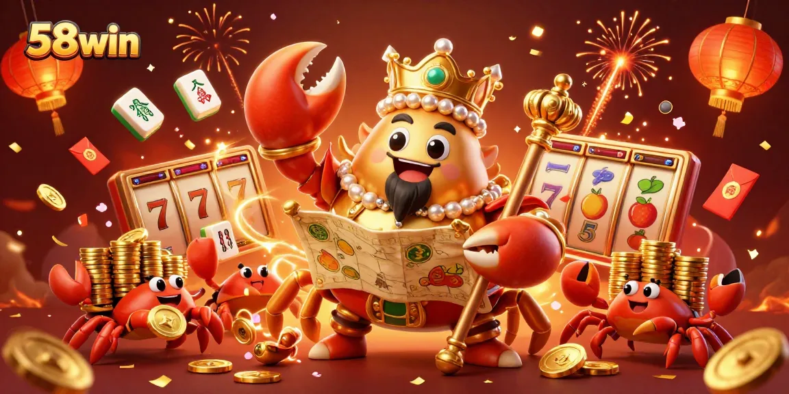 Join the celebration with 58win's vibrant gold-themed casino scene featuring lucky slots and a majestic crab emperor.