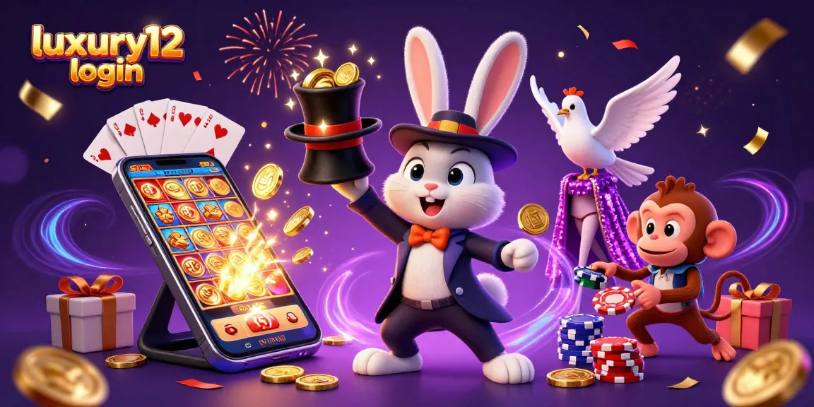 Experience thrilling wins with luxury12 login, featuring a 3D magician rabbit, coins, and gameplay excitement.