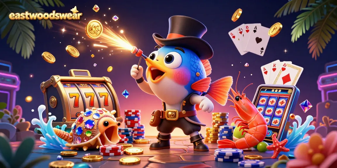Pemain slot di eastwoodswear menarik koin emas dengan mesin slot dan jackpot berkilau.